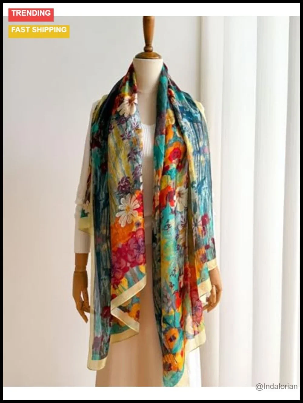 100% Mulberry Silk Large Floral Scarf Shawl Wrap Lightweight